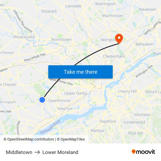 Middletown to Lower Moreland map