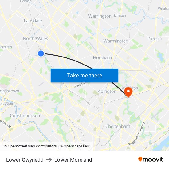 Lower Gwynedd to Lower Moreland map