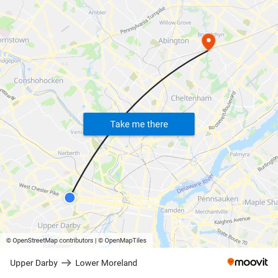 Upper Darby to Lower Moreland map