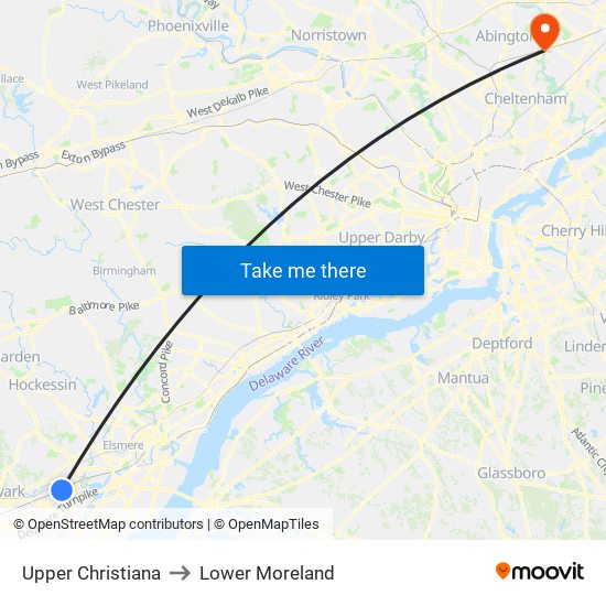 Upper Christiana to Lower Moreland map