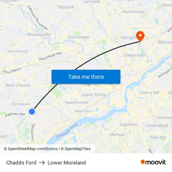 Chadds Ford to Lower Moreland map