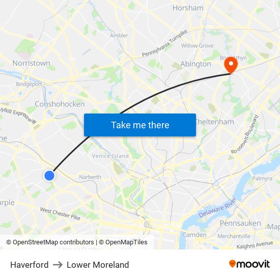 Haverford to Lower Moreland map