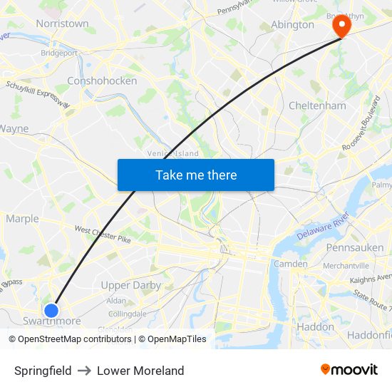 Springfield to Lower Moreland map