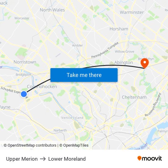 Upper Merion to Lower Moreland map