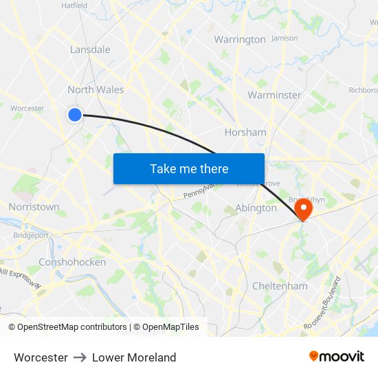 Worcester to Lower Moreland map