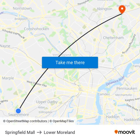 Springfield Mall to Lower Moreland map