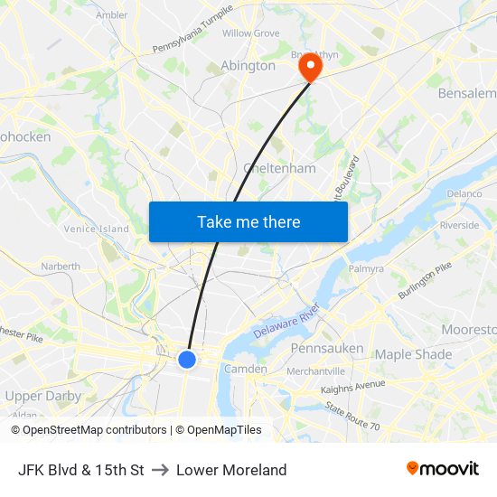 JFK Blvd & 15th St to Lower Moreland map