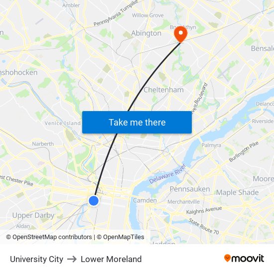 University City to Lower Moreland map