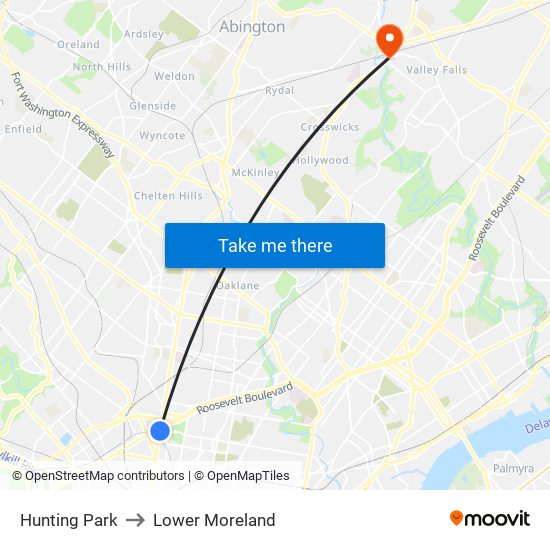 Hunting Park to Lower Moreland map