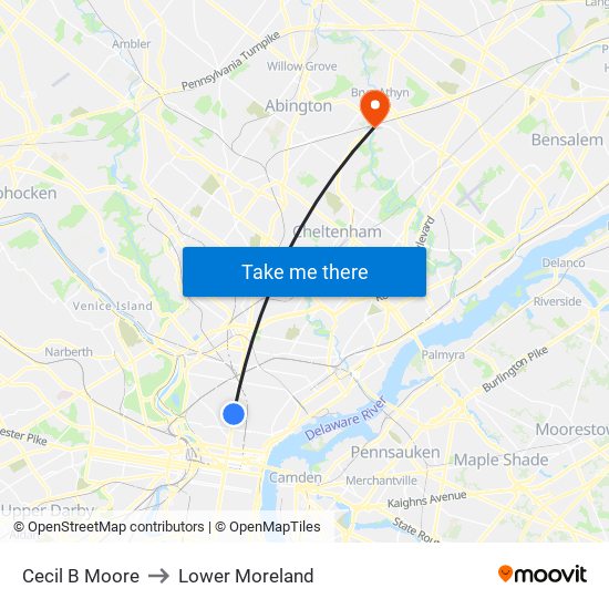 Cecil B Moore to Lower Moreland map