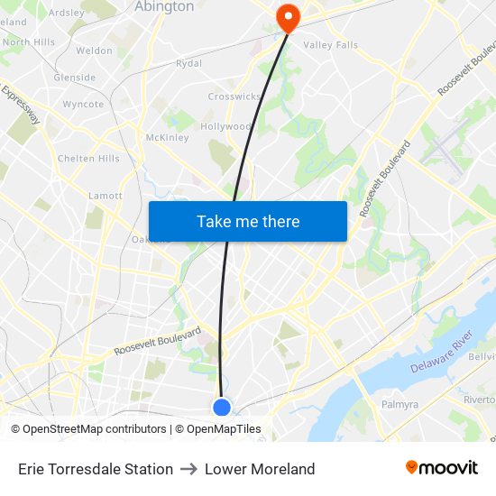 Erie Torresdale Station to Lower Moreland map