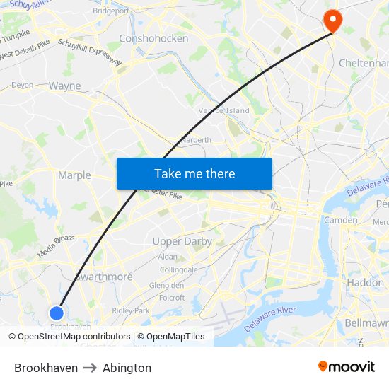 Brookhaven to Abington map