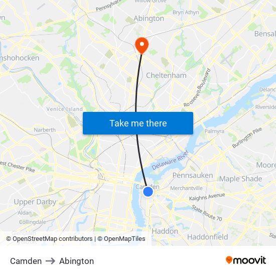 Camden to Abington map