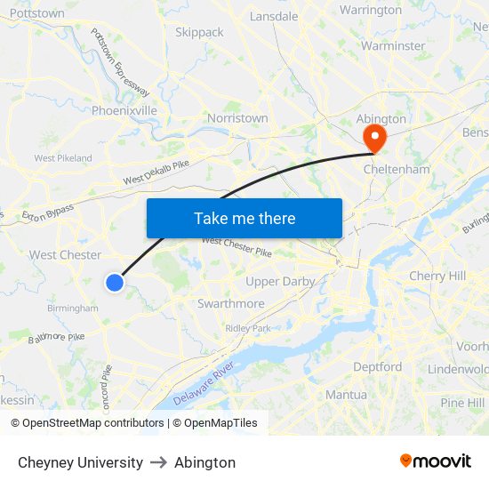 Cheyney University to Abington map