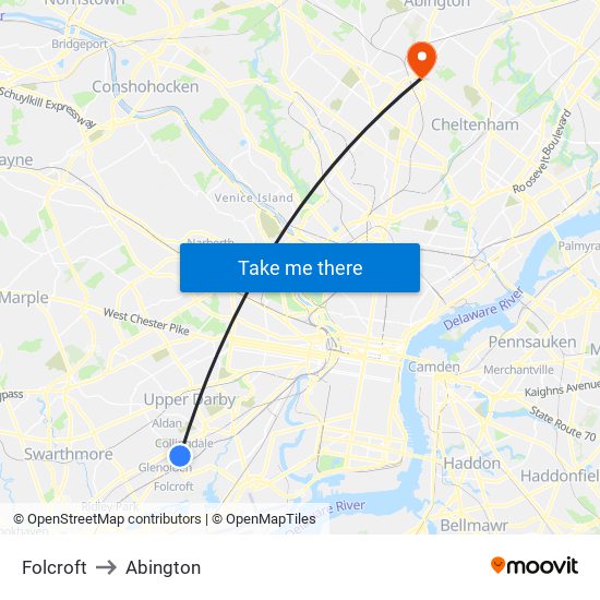 Folcroft to Abington map