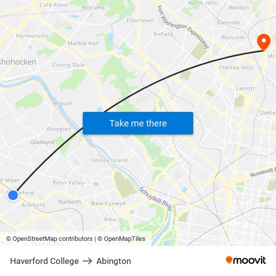 Haverford College to Abington map