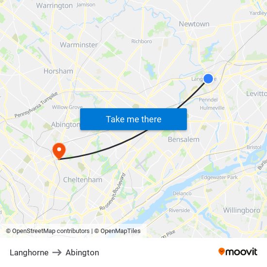 Langhorne to Abington map