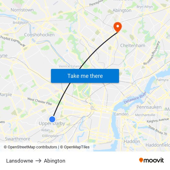 Lansdowne to Abington map