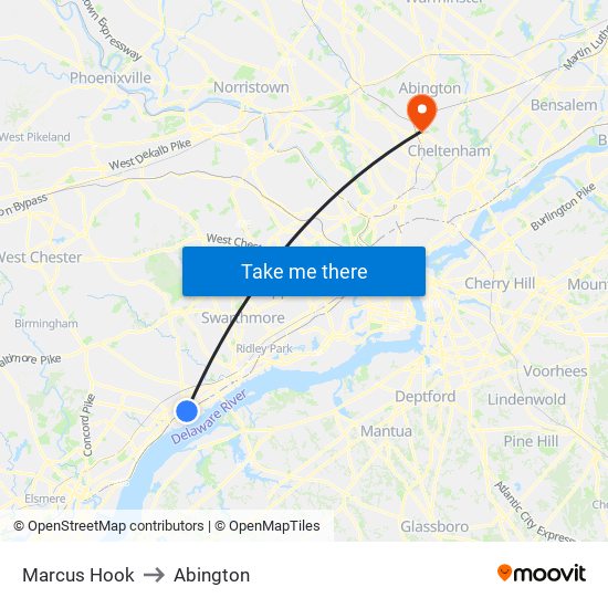 Marcus Hook to Abington map