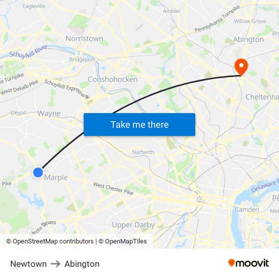 Newtown to Abington map