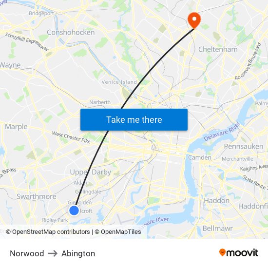 Norwood to Abington map