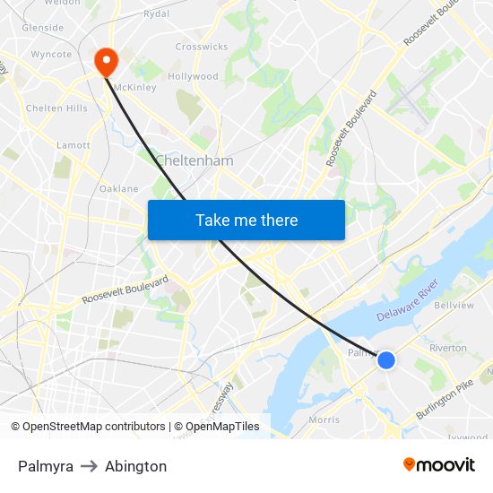 Palmyra to Abington map