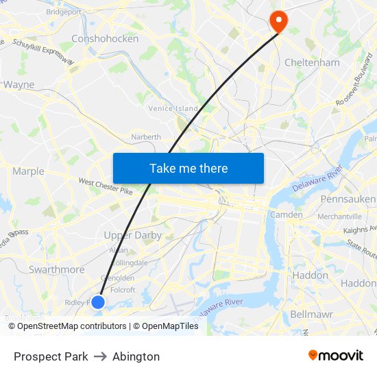 Prospect Park to Abington map