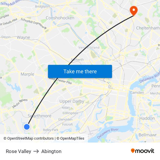 Rose Valley to Abington map