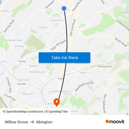 Willow Grove to Abington map