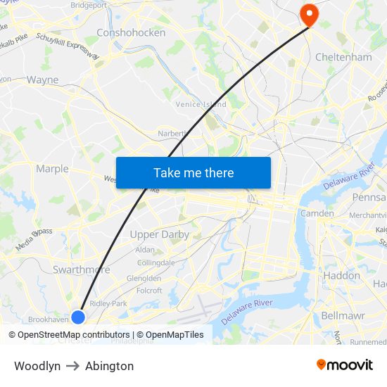 Woodlyn to Abington map