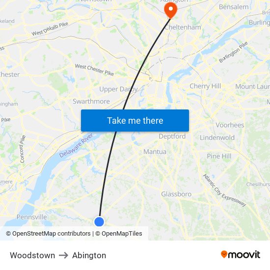 Woodstown to Abington map