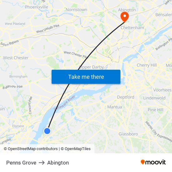 Penns Grove to Abington map