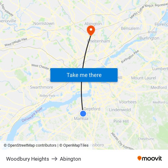 Woodbury Heights to Abington map