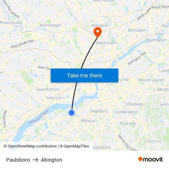 Paulsboro to Abington map