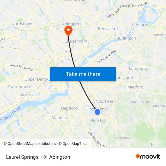 Laurel Springs to Abington map