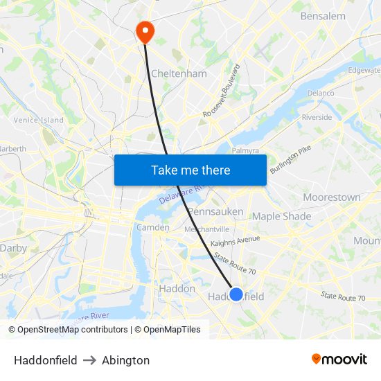 Haddonfield to Abington map