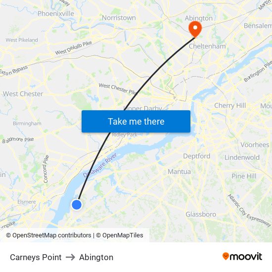 Carneys Point to Abington map