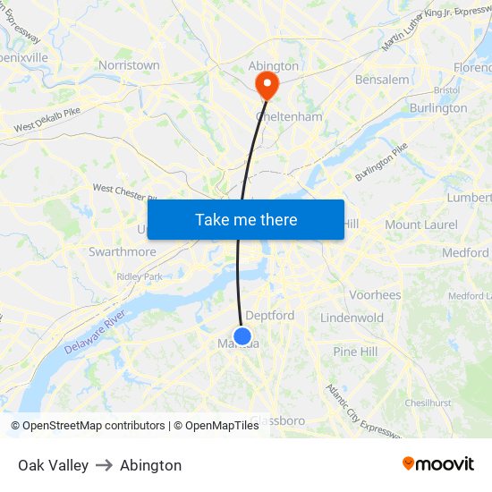 Oak Valley to Abington map