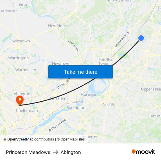 Princeton Meadows to Abington map