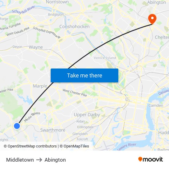 Middletown to Abington map