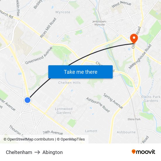 Cheltenham to Abington map