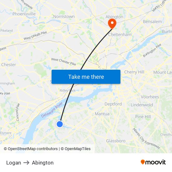 Logan to Abington map