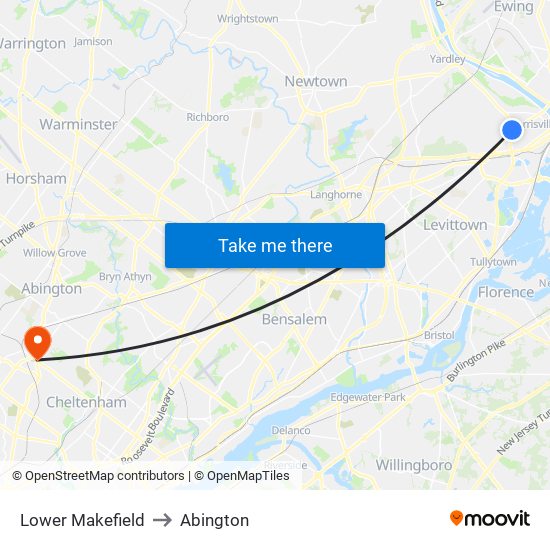 Lower Makefield to Abington map