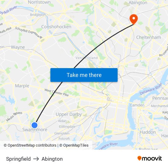 Springfield to Abington map