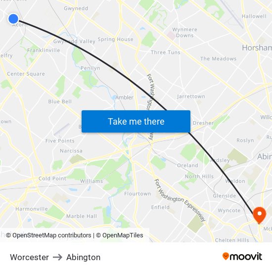 Worcester to Abington map