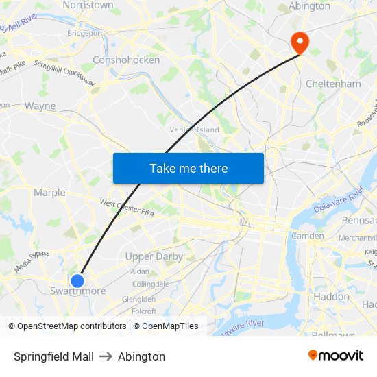 Springfield Mall to Abington map