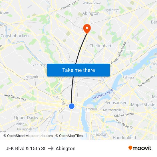JFK Blvd & 15th St to Abington map