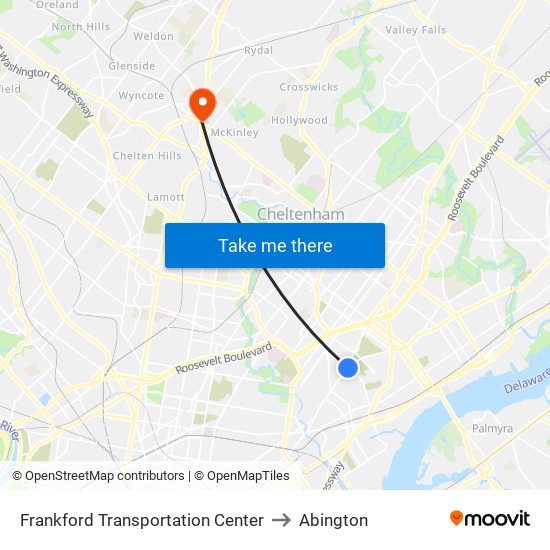 Frankford Transportation Center to Abington map