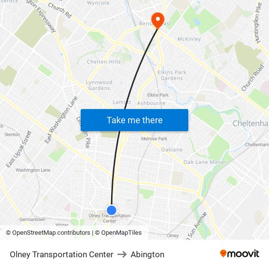 Olney Transportation Center to Abington map