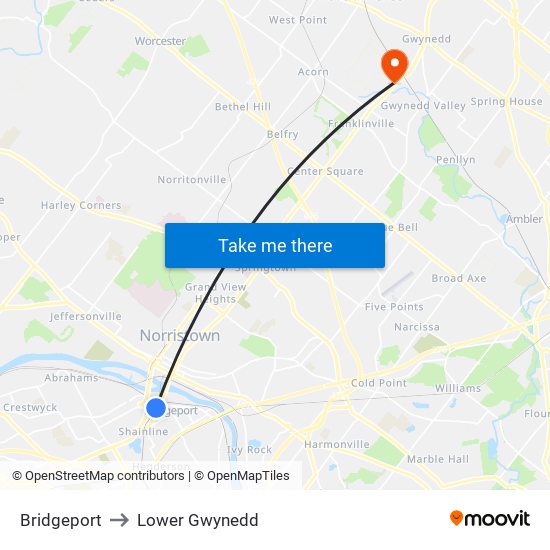 Bridgeport to Lower Gwynedd map